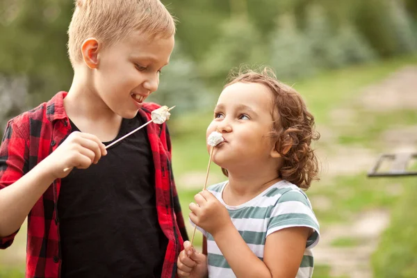 キャンプでローストマーシャリーの屋外を食べるティーンの男の子と女の子の子供 ハイキング キャンプのコンセプト — ストック写真