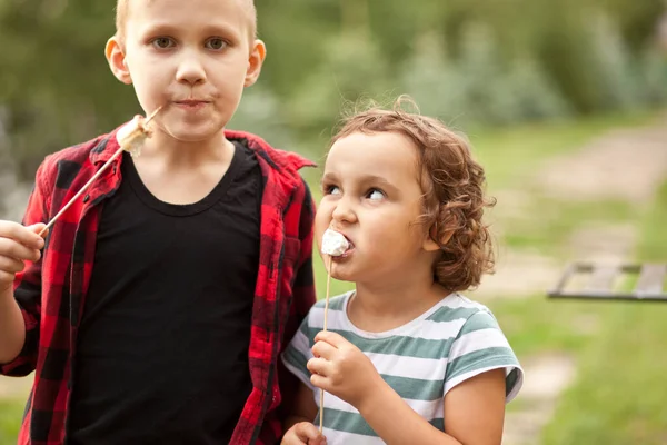 キャンプでローストマーシャリーの屋外を食べるティーンの男の子と女の子の子供 ハイキング キャンプのコンセプト — ストック写真