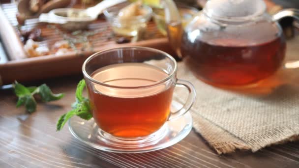 Чашка мятного травяного чая с маленькой миской с медом на подносе. — стоковое видео