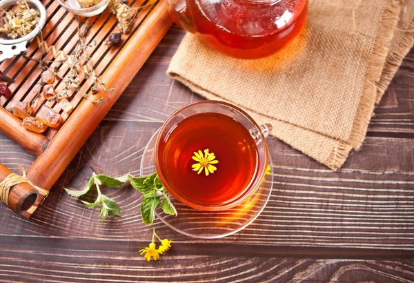 Kupa gyógynövény tea teáskanna és fából készült tálca különböző száraz gyógynövények. Felülnézet — Stock Fotó
