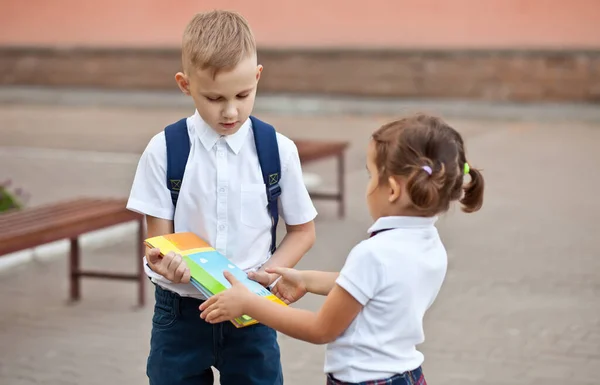 Ragazzo scolaro dare una studentessa in uniforme libri scolastici — Foto Stock