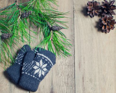 Mittens, çam kozalakları üzerindeki ahşap bir masa ve şube