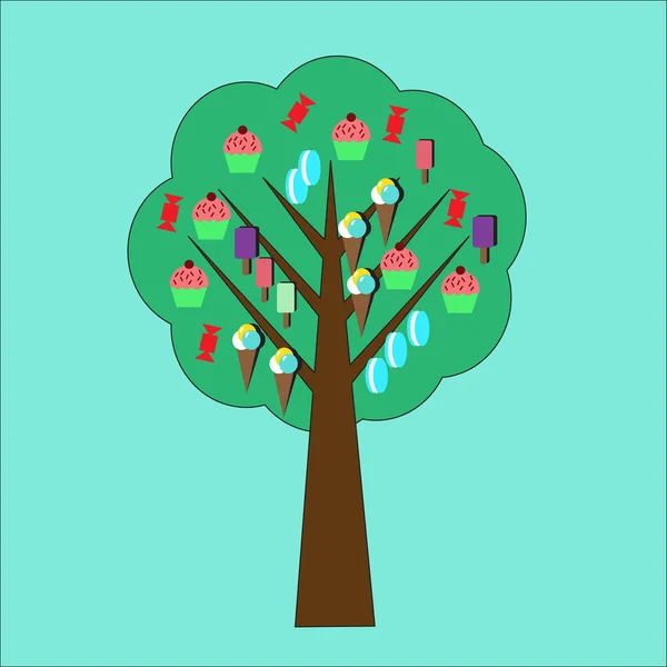 Δέντρο στολισμένο με cupcakes, αμυγδαλωτά και παγωτό — Διανυσματικό Αρχείο