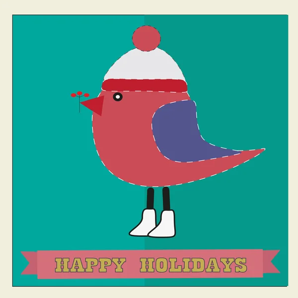 Рождественская открытка с милой птичкой в кепке — стоковый вектор