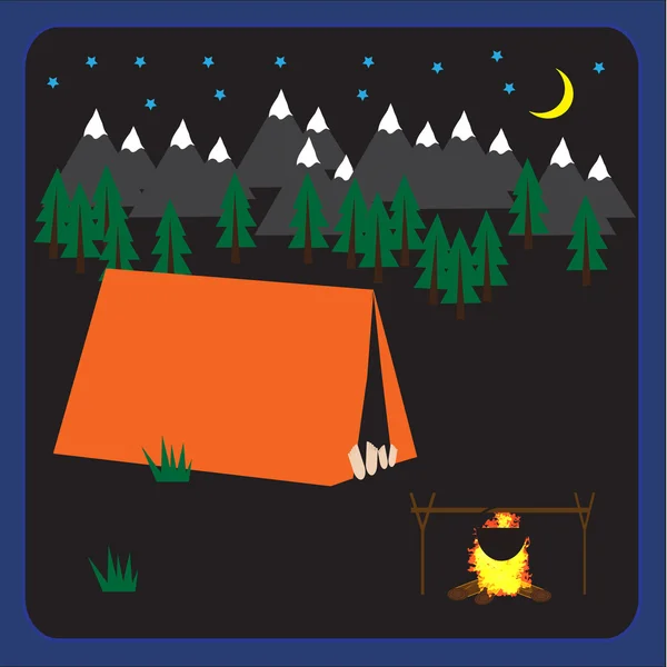Κάμπινγκ διάνυσμα φόντο με σκηνή τη νύχτα, δάση και βουνά — Διανυσματικό Αρχείο