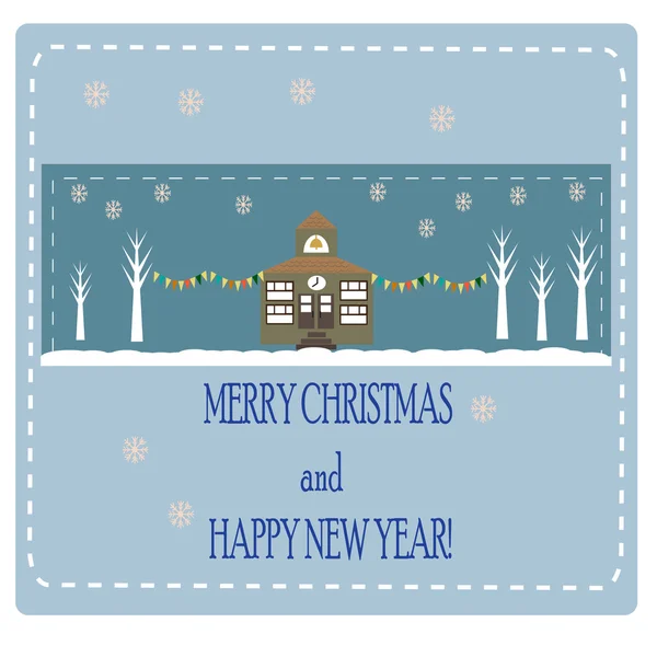 Рождественская открытка с елками и домом — стоковый вектор