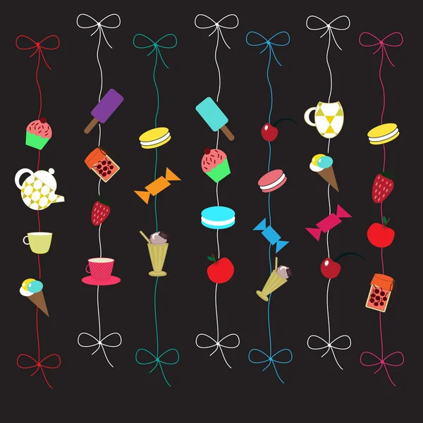Kaart met gekleurde snoep, cupcakes, bessen op een zwarte achtergrond — Stockvector