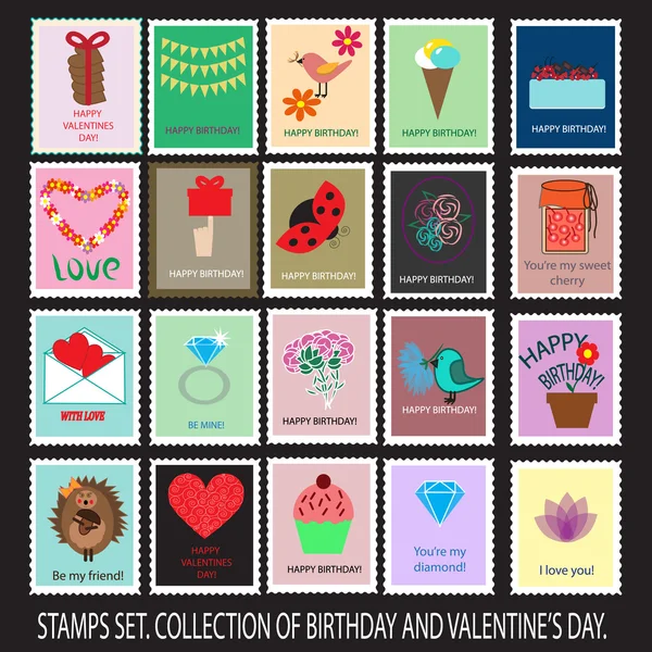 Colección de sellos de cumpleaños y San Valentín — Vector de stock