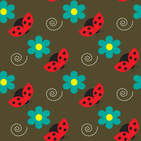 てんとう虫と茶色の背景に花のシームレス パターン — ストックベクタ