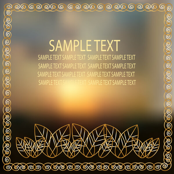 Sky blurred defocused landscape background with Sample text and golden frame