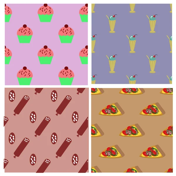 Colección de patrones sin costuras con cupcakes, batidos, salchichas y rebanadas de pizza — Vector de stock