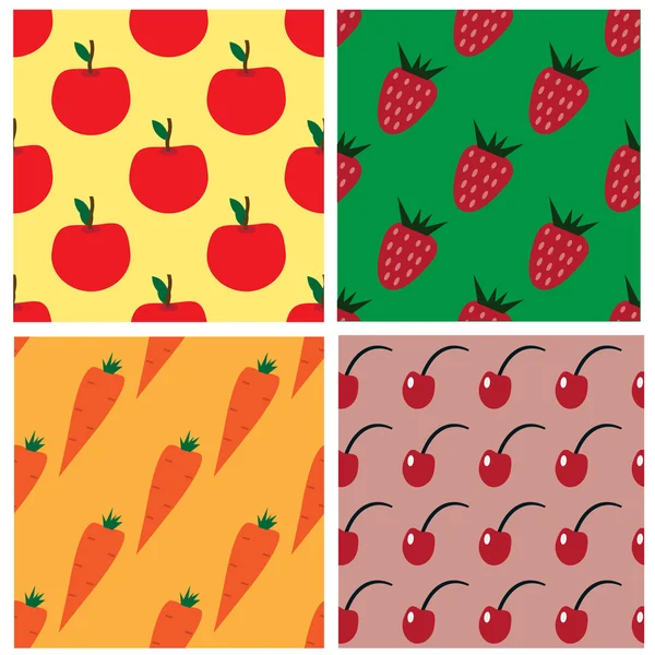 Collection de motifs sans couture avec pommes, fraises, carottes et cerises — Image vectorielle