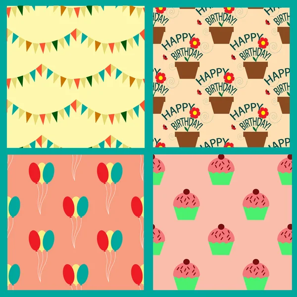 Colección de patrones sin costuras con banderines, globos, cupcakes y plantas de interior — Vector de stock