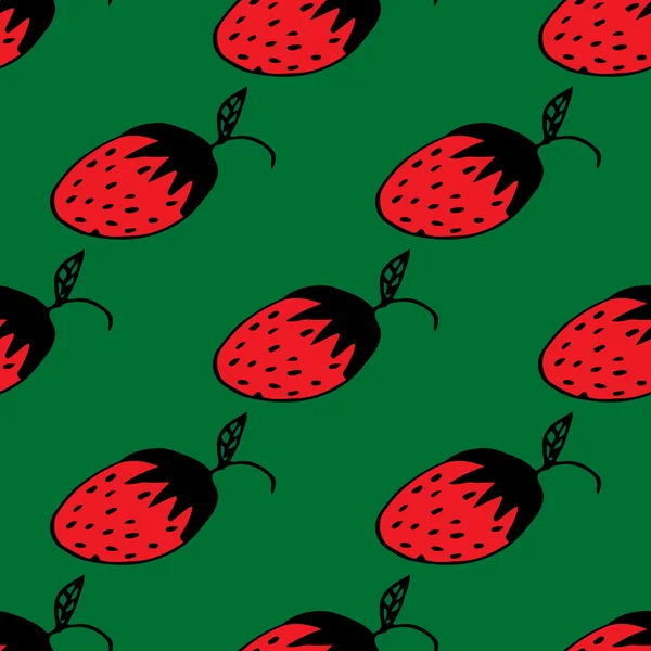 Seamless pattern with hand-drawn strawberries on the green background — Stock Vector