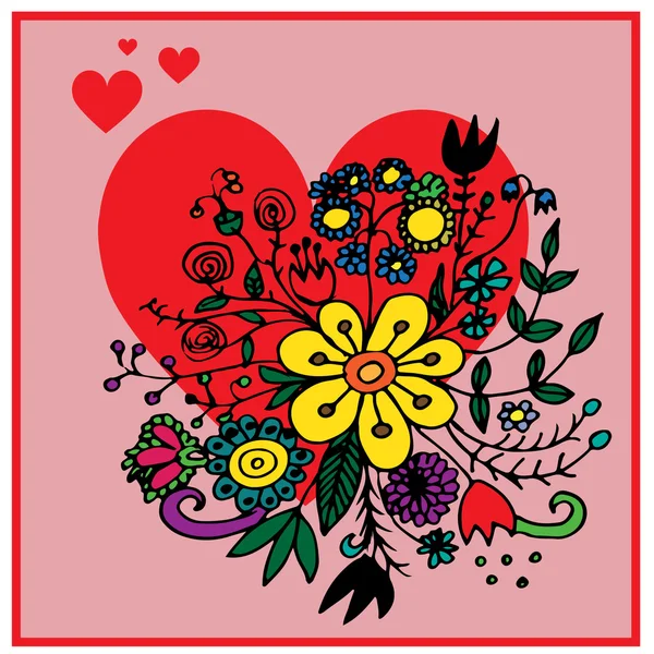 Carte de voeux avec coeur rouge et fleurs dessinées à la main — Image vectorielle