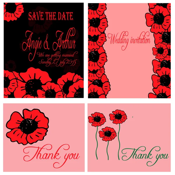 Wedding invitation card set with hand drawn poppy flowers — Stock Vector