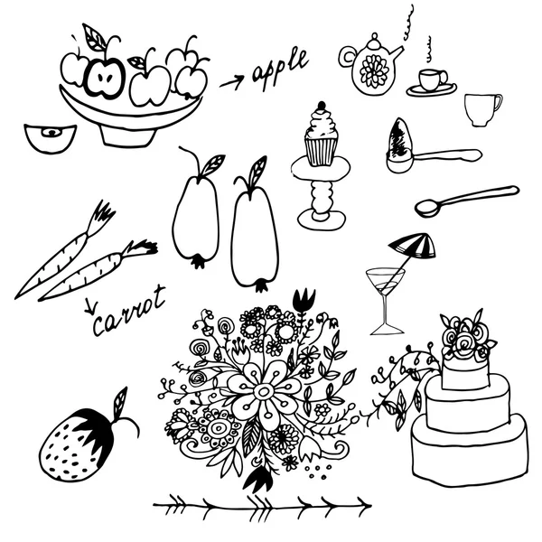 Set de fruits, légumes et autres gribouillis dessinés à la main — Image vectorielle
