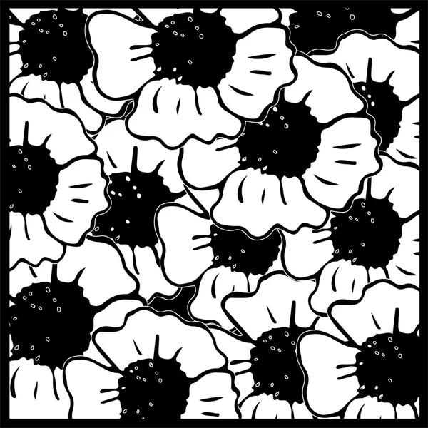 Motif blanc & noir sans couture avec des fleurs dessinées à la main — Image vectorielle