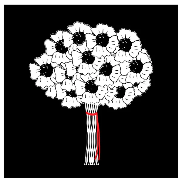 Bouquet de coquelicots noirs et blancs avec ruban rouge — Image vectorielle
