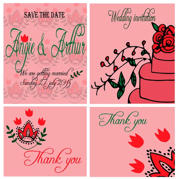 Wedding invitation card set with hand drawn flowers — Stock Vector