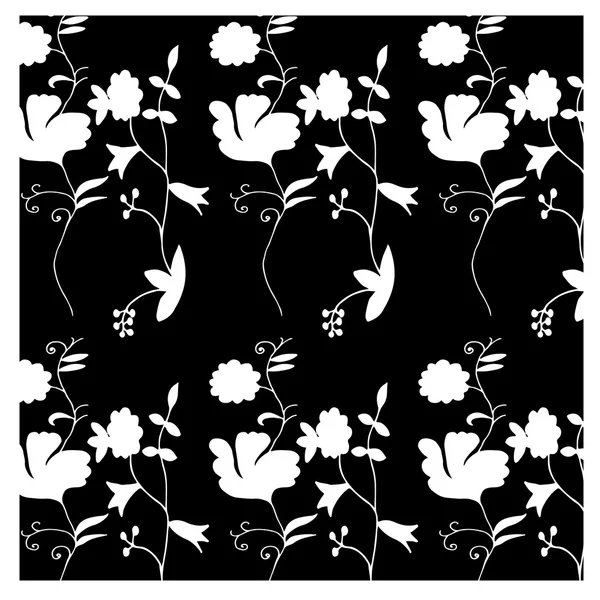Hvitt og svart sømløst mønster med håndtegnede blomster – stockvektor