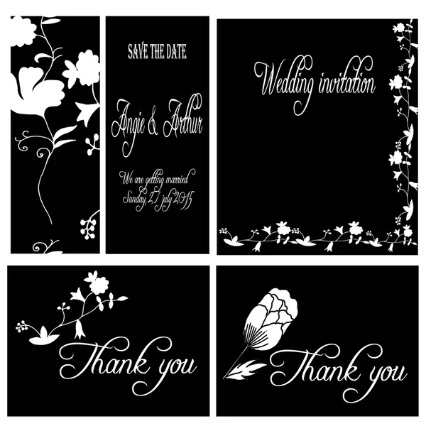 White and black wedding invitation card set with hand drawn flowers — Stock Vector