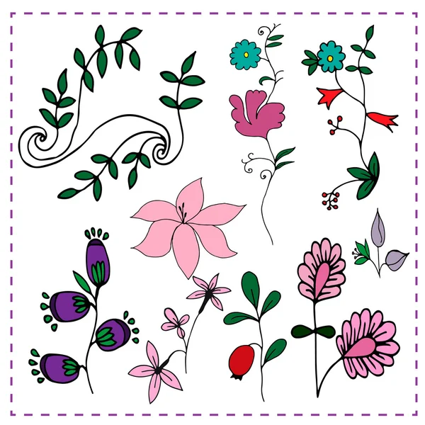 Flowers and leaves hand drawn doodle set — Stock Vector