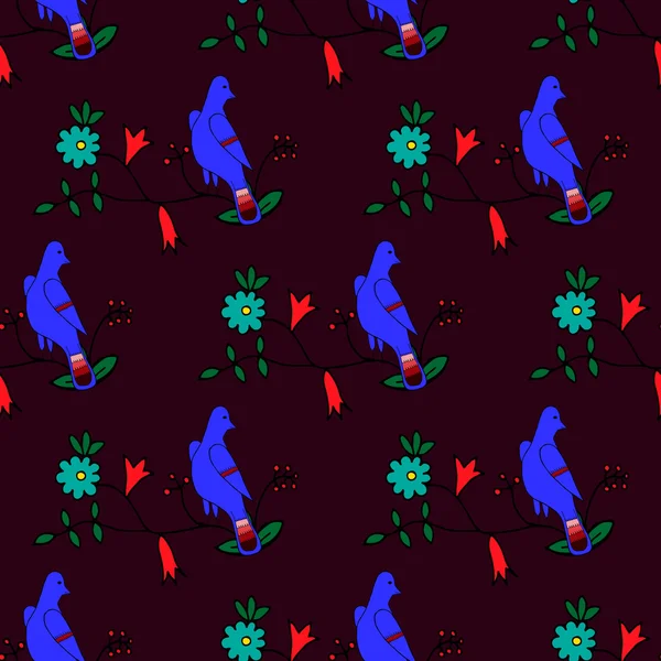 Nahtloses Muster mit handgezeichneten Blumen und Vögeln — Stockvektor