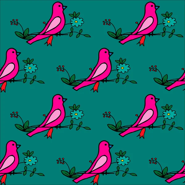 シームレスなパターンと手の描かれた花や鳥 — ストックベクタ