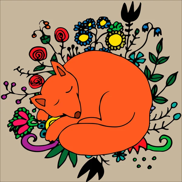 Illustratie met handgetekende slapende schattig fox en bloemen — Stockvector