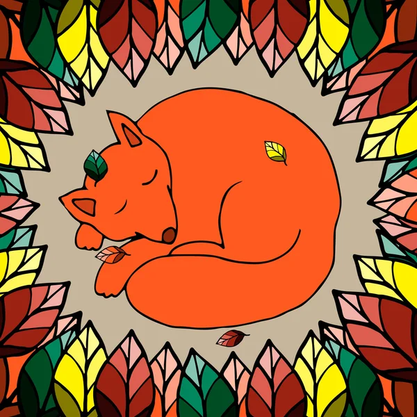 眠っているかわいいキツネの手描きと色鮮やかな葉の図 — ストックベクタ