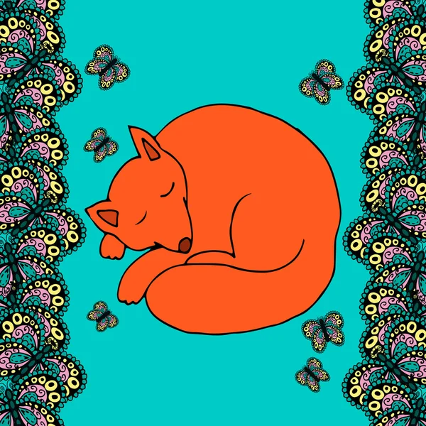 Ilustração com raposa adormecida desenhada à mão e borboletas — Vetor de Stock