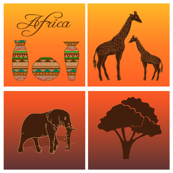 African set with dishes, animals and tree