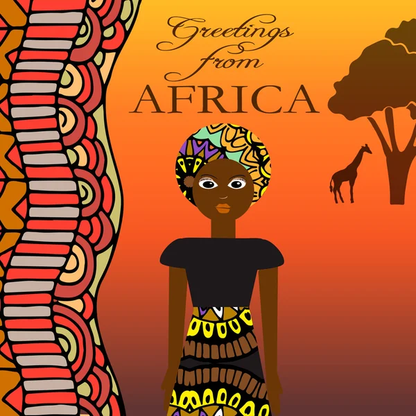 Saludo desde África - ilustración con mujer bonita, adornos y elementos africanos . — Vector de stock