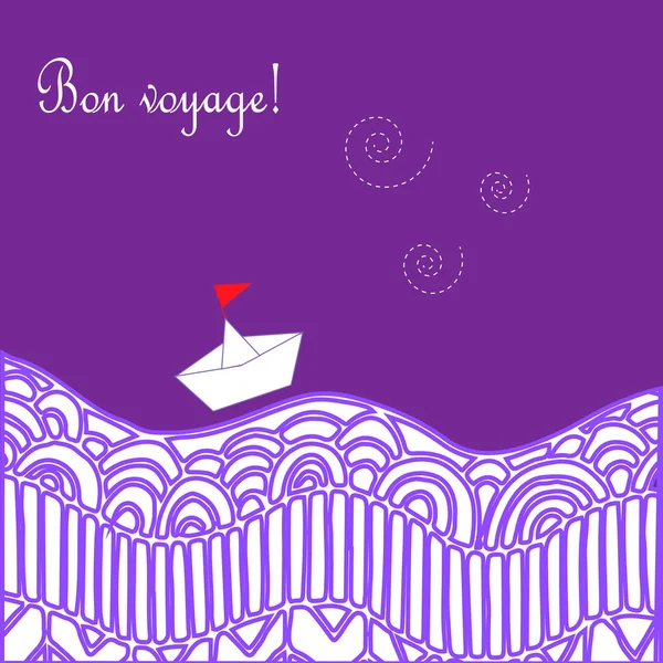 Card cu valuri, navă și text "Călătorie fericită" în franceză "Bon voyage ". — Vector de stoc