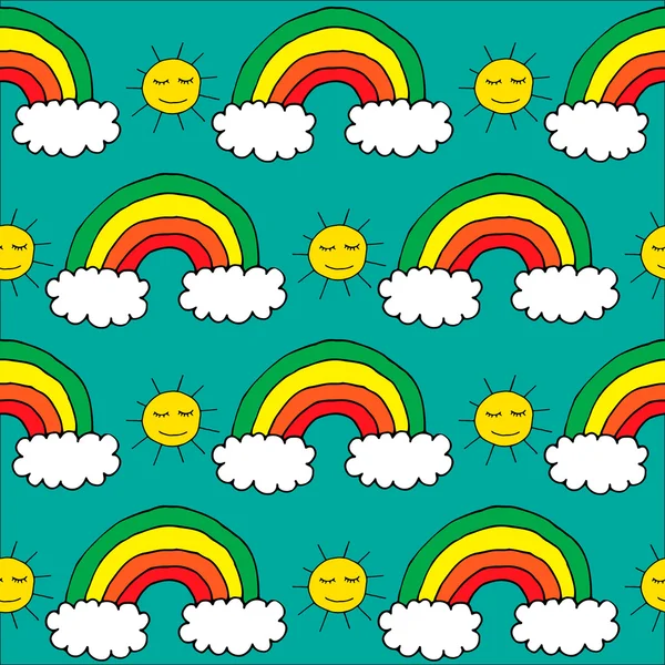 Naadloze patroon met de hand getekende regenboog en zon — Stockvector