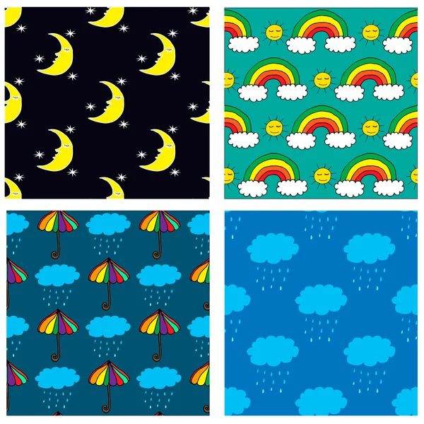 Quatre motifs sans couture avec lune dessinée à la main, arc-en-ciel, nuages et parapluie — Image vectorielle