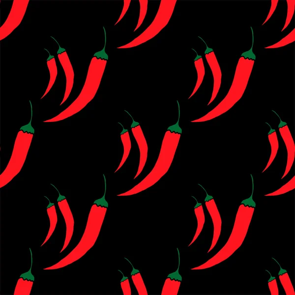 Seamless pattern with red chili peppers on a black background — Stock Vector