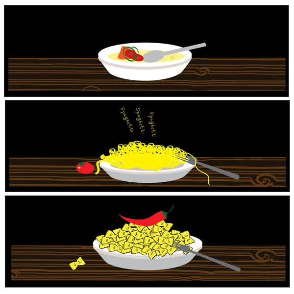 Soep, pasta en macaroni op de platen op de houten tafel. Drie vector voedsel illustratie voor keuken en café. — Stockvector