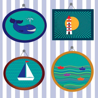 Koleksiyon ile deniz tarzı ise, gemi ve deniz feneri çizgili arka plan resimleri ile.