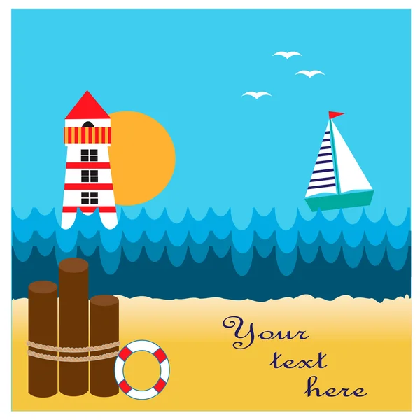 Ilustración con mar, faro y barco — Vector de stock