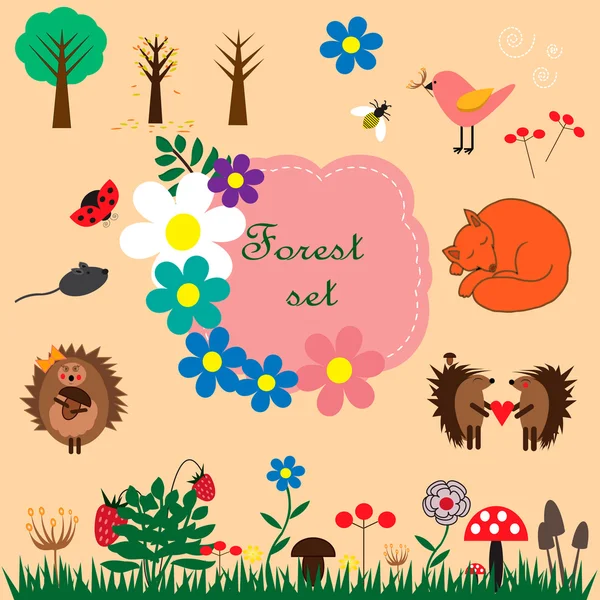 Skovsæt med dyr, blomster, træer og andet – Stock-vektor