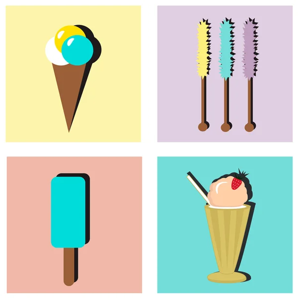 Iconos de helado, batido de leche y caramelos de roca — Vector de stock