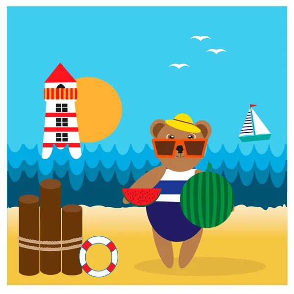 Ilustración con oso en la playa — Vector de stock