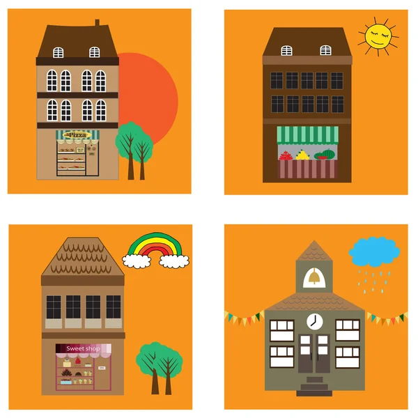 Four cartoon vector buildings with shopping malls and school — Stock Vector