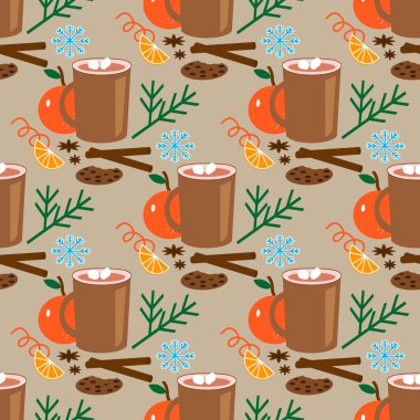 Kakao, portakal ve tanımlama bilgisi ile Noel seamless modeli