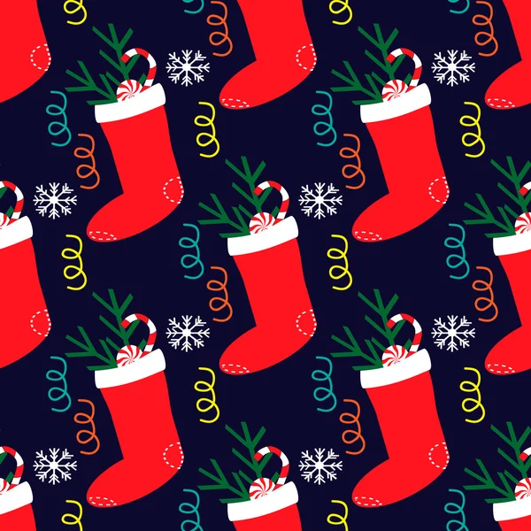 Seamless pattern with christmas sock with sweets — Stock Vector