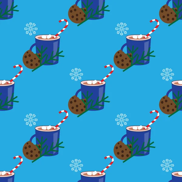 Christmas seamless mönster med varm choklad, godis sockerrör och cookie — Stock vektor