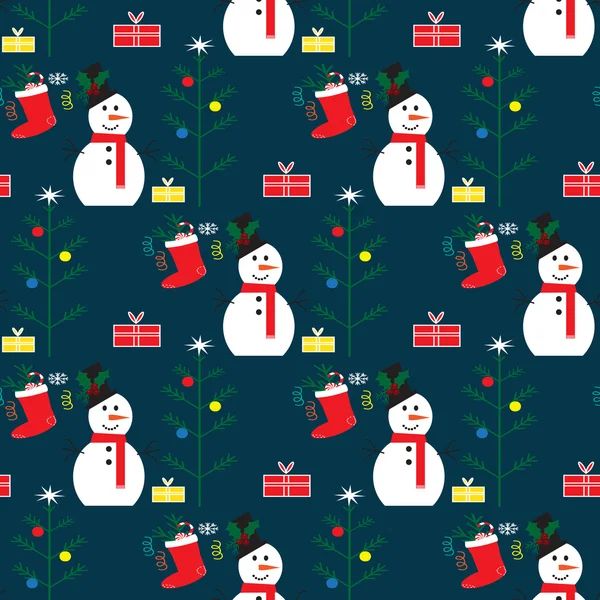 Natal sem costura padrão com boneco de neve, árvore de Natal e meias com presentes — Vetor de Stock