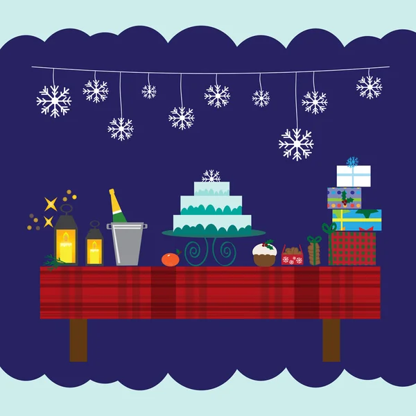 Kerst tabel met eten en drinken — Stockvector